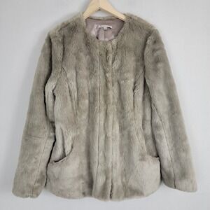 Gap Coat Jacket Womens Size L Gray Faux Fur Luxe Side Pockets Long‎ Sleeve READ!